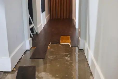 A hallway with the flooring half removed and water under the floor.